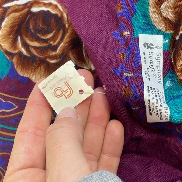 NWT Vintage Symphony Floral Fringe Square Scarf OS Womens Purple Rayon 70s 80s - Picture 3 of 7